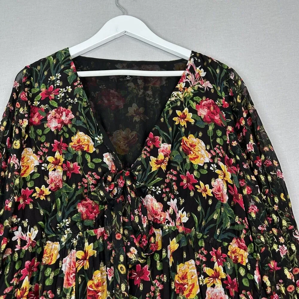 J.Crew Tie Front Floral Maxi Dress Womens Dress XL Black Cottage Prairie Boho